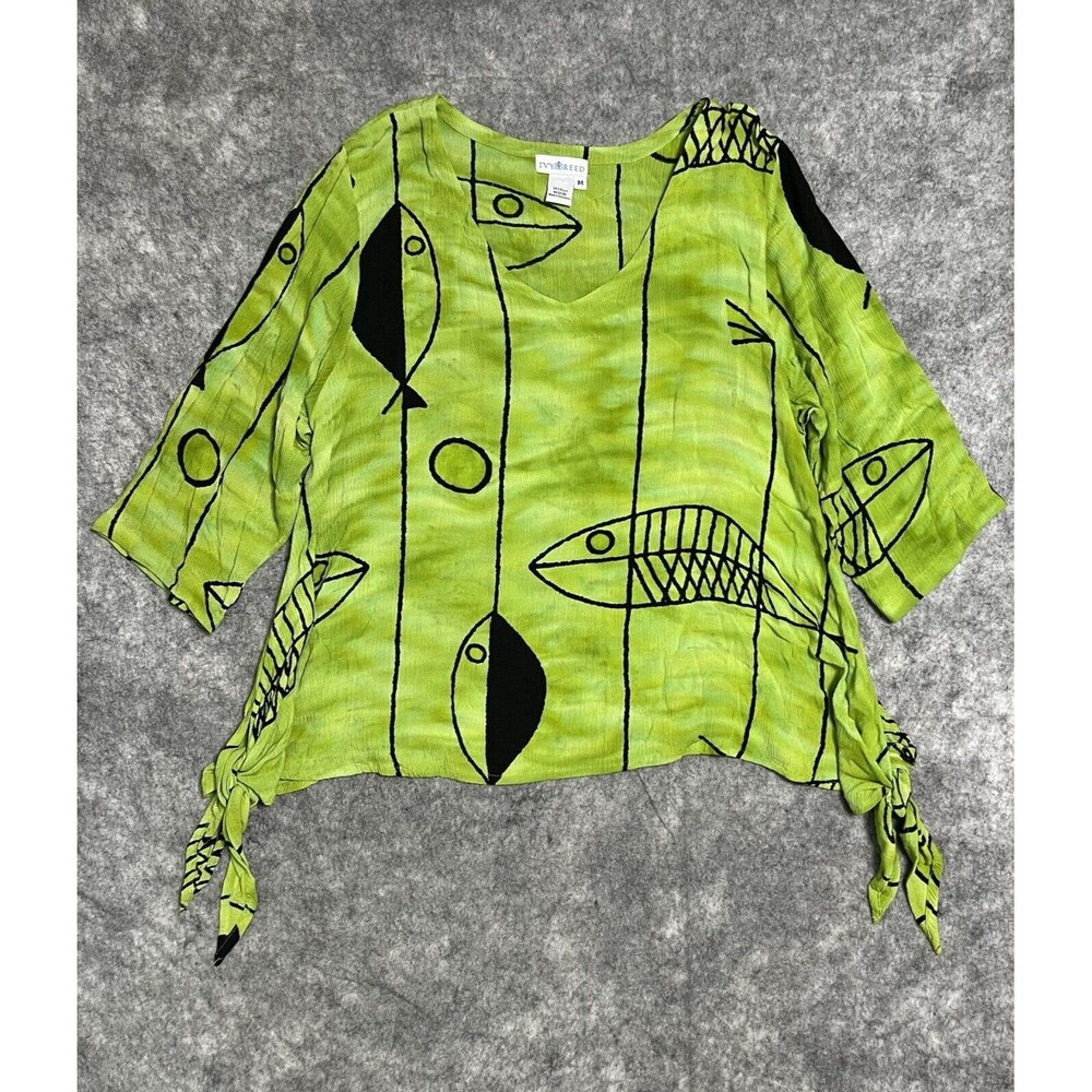 Ivy Reed Laggenlook Blouse Women’s M 100% Rayon Tie Sides Top Green Relaxed